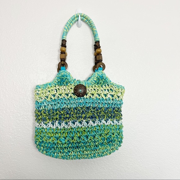 Cappelli Straworld Handbags - Cappelli Straworld Coastal Grandma Rattan Blue Green Purse Handbag Y2K Beach